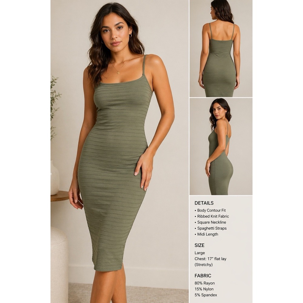 Express Body Contour Dress Women's Large Olive Green Ribbed Knit Midi Bodycon